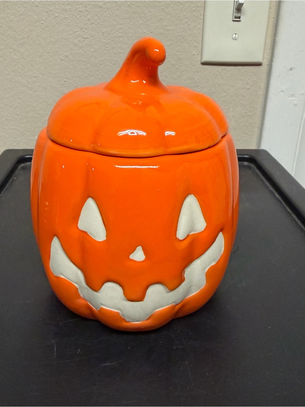 Orange Ceramic Jack-O'-Lantern Candy Jar